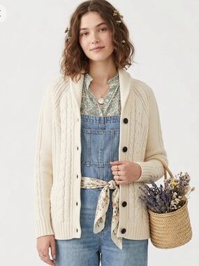Woolrich Wool Cardigan Cream Fishermancore Cable Knit Cozy Shawl Collar Cottage